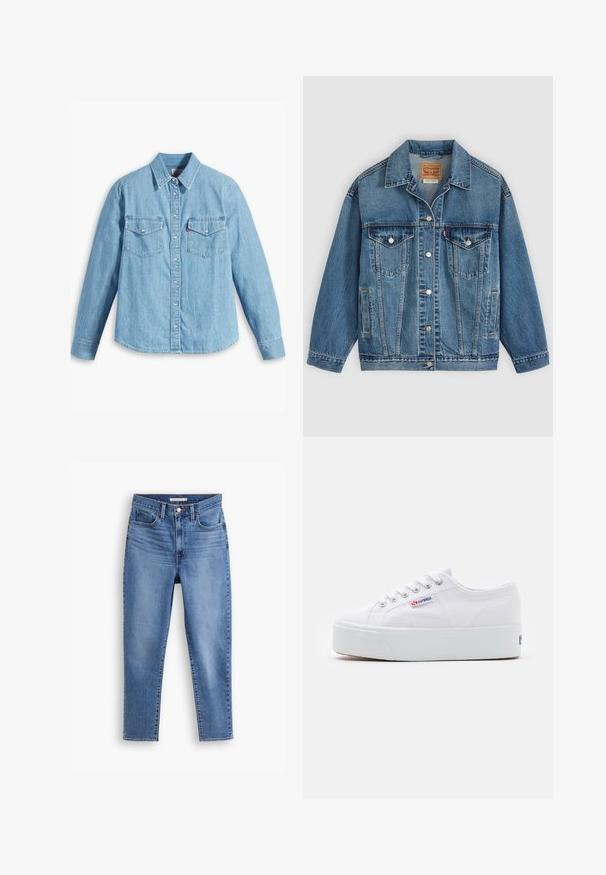 Blå denimjakke med knapper foran, to brystlommer med knapper, sidelommer og en krave, lagt fladt på en lys baggrund.; Lyseblå denimskjorte med lange ærmer, spidse krave, to brystlommer, knaplukning og subtil tekstur. Ingen synlige mønstre.; Blå højtaljede kvindejeans med frontknap og lynlåslukning, bæltestropper og fem-pockets design, flad på hvid baggrund.; Hvide canvas sneakers med en tyk hvid platformssål, rund tå og metaløjelets til snørebånd. Mærkets logo præsenteret på siden.