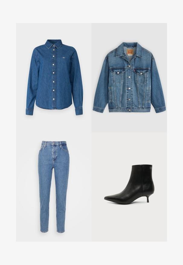 Blå denimjakke med knapper foran, to brystlommer med knapper, sidelommer og en krave, lagt fladt på en lys baggrund.; GANT REG - Skjortebluser - indigo; Blå højtaljede lige jeans med frontknap og lynlås, bæltestropper og lommer, præsenteret på en ensfarvet hvid baggrund.; Sort læder ankelstøvle med spids tå og lav kitten hæl på lys baggrund, der viser yderside.