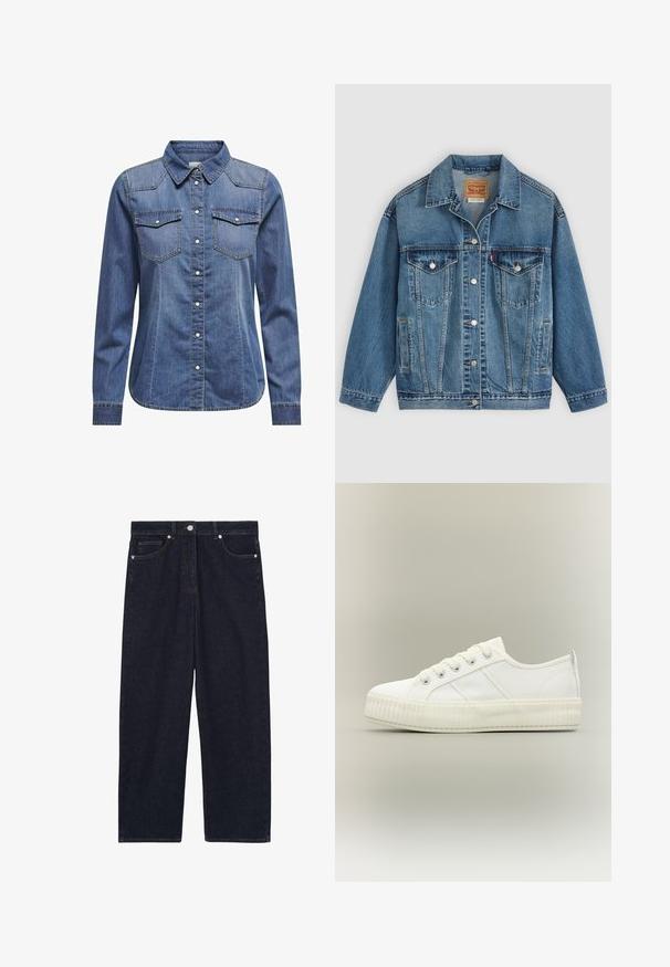 Blå denimjakke med knapper foran, to brystlommer med knapper, sidelommer og en krave, lagt fladt på en lys baggrund.; Denimskjorte i mørkeblå, med krave, lange ærmer, dobbelt brystlomme og kontrasterende syninger.; Mørkeblå straight-leg denim jeans med frontknap, lynlås og fem-lomme design.; Hvid lavtop sneaker med tyk ribbet sål, snørelukning foran og trækflap på hælen mod en neutral baggrund.