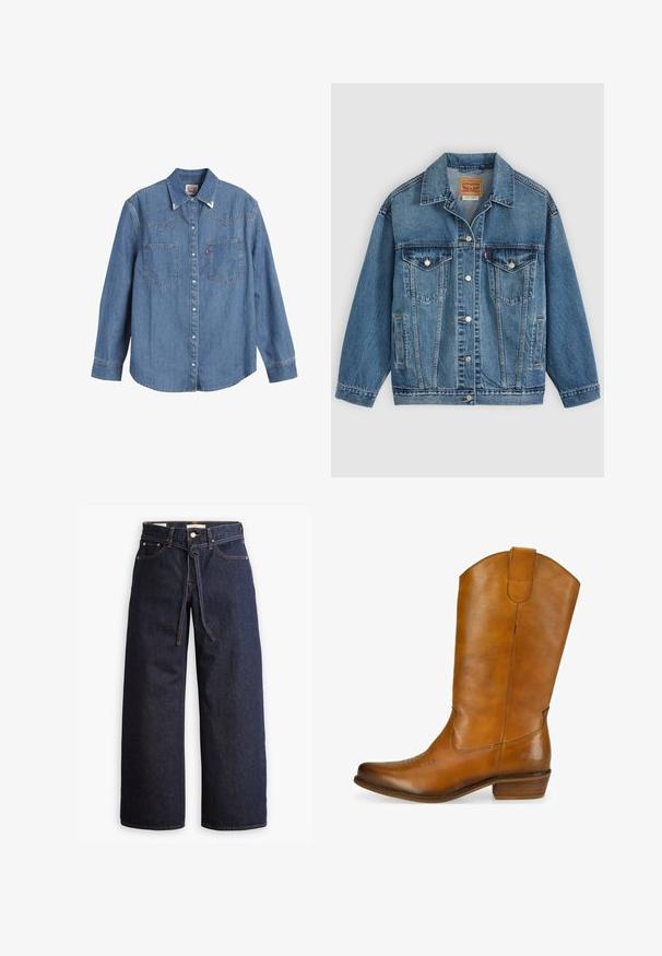 Blaue Denimjacke mit Knopfleiste vorne, zwei Brusttaschen mit Knöpfen, Seitentaschen und einem Kragen, flach auf einem hellen Hintergrund ausgelegt.; Hellblaues Denim-Hemd mit langen Ärmeln, spitzem Kragen, zwei Brusttaschen und kontrastierenden Nähten. Verfügt über ein Design mit Westernstil-Yoke.; Weite, dunkelblaue Jeans aus Denim mit hoher Taille, ausgestattet mit einem Kordelzug, fünf Taschen und kontrastierenden Nähdetails.; Hellbraune Cowboy-Stiefel aus Leder mit glatter Oberfläche, geschwungenem Schaft, dekorativem Stichmuster an der Spitze und einem niedrigen, gestapelten Absatz. Braunes Akzenten-Logo an der Seite.