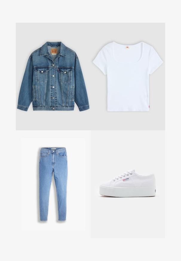 Blaue Denimjacke mit Knopfleiste vorne, zwei Brusttaschen mit Knöpfen, Seitentaschen und einem Kragen, flach auf einem hellen Hintergrund ausgelegt.; Weiße kurzärmelige Bluse mit quadratischem Ausschnitt, aus geripptem Stoff. Mit einem kleinen roten Logoschild auf der unteren linken Seite.; Hellblaue, hoch-taillierte, schmale Jeans mit vorderen und hinteren Taschen, Knopfverschluss und Gürtelschlaufen auf weißem Hintergrund.; Weiße Leinenschuhe mit einer dicken weißen Plattformsohle, runder Zehenpartie und Metallösen für die Schnürsenkel. Markenlogo an der Seite angebracht.