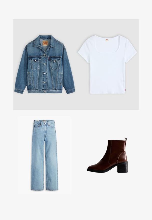 Blaue Denimjacke mit Knopfleiste vorne, zwei Brusttaschen mit Knöpfen, Seitentaschen und einem Kragen, flach auf einem hellen Hintergrund ausgelegt.; Weiße kurzärmelige Bluse mit quadratischem Ausschnitt, aus geripptem Stoff. Mit einem kleinen roten Logoschild auf der unteren linken Seite.; Hochgeschnittene, hellblaue Schlagjeans mit Frontknopf und Reißverschluss, Gürtelschlaufen und fünf Taschen.; Braune Leder-Ankle-Boots mit quadratförmiger Spitze und seitlicher Naht, einem 7,5 cm hohen Blockabsatz und einem Ziehhilfen an der Rückseite für einfaches An- und Ausziehen.