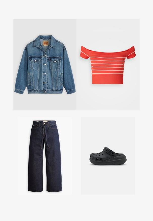 Blauwe spijkerjas met knoopsluiting aan de voorkant, twee borstzakken met knopen, zijzakken en een kraag, plat neergelegd op een lichte achtergrond.; Rood cropped off-the-shoulder top met horizontale lichtroze strepen, fitted ontwerp, ribbeltextuur en korte mouwen.; Wijd pijpjes donkerblauwe denim jeans met een hoge taille, voorzien van een trekkoord, vijf zakken en contrasterende stiksels.; Zwarte rubberen klomp met ventilatiegaten, verhoogde hak en verstelbare band. Gladde textuur en afgeronde vorm.