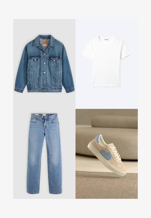 Blauwe spijkerjas met knoopsluiting aan de voorkant, twee borstzakken met knopen, zijzakken en een kraag, plat neergelegd op een lichte achtergrond.; Effen wit T-shirt met korte mouwen en ronde hals met een klein "WEEKDAY" label aan de binnenkant van de hals, plat neergelegd op een lichte achtergrond.; Lichtblauwe denim jeans met een recht model, metalen knoopsluiting, zijzakken en subtiele vervagingdetails doorheen.; Beige sneaker met witte veters en blauwe logodetail die boven een gestructureerd beige tapijt zweeft tegen een zachte beige achtergrond.