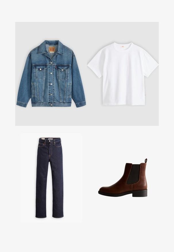 Veste en jean bleu avec fermeture à boutons à l'avant, deux poches poitrine avec boutons, poches latérales et col, posée à plat sur un fond clair.; T-shirt en coton blanc à manches courtes, col rond, coupe décontractée, texture lisse, avec une petite étiquette logo sur la couture latérale gauche.; Jean en denim droit bleu foncé avec cinq poches et coutures orange visibles sur un fond blanc.; Botte de cheville en cuir marron avec des panneaux latéraux élastiques, un bout arrondi et un petit talon. Présente un surpiqûre contrastante et une languette.