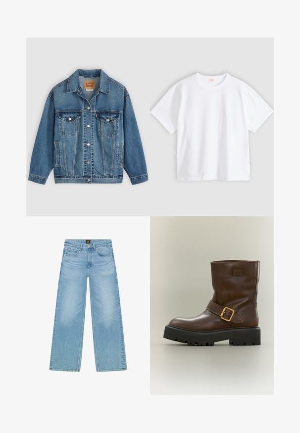 Blaue Denimjacke mit Knopfleiste vorne, zwei Brusttaschen mit Knöpfen, Seitentaschen und einem Kragen, flach auf einem hellen Hintergrund ausgelegt.; Weißes Baumwoll-T-Shirt mit kurzen Ärmeln, rundem Ausschnitt, lockerer Passform, glatter Textur und einem kleinen Logetikett an der linken Seitennaht.; Helles Blau, weite Jeans aus Denim. Verfügt über ein klassisches Fünf-Taschen-Design und eine subtile verblasste Textur. Knopf- und Reißverschluss.; Brauner Leder-Stiefelette mit dicker schwarzer Profilsohle und goldenem Schnallenriemen an der Seite vor neutralem Hintergrund.