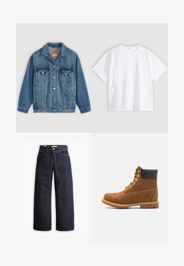 Blauwe spijkerjas met knoopsluiting aan de voorkant, twee borstzakken met knopen, zijzakken en een kraag, plat neergelegd op een lichte achtergrond.; Wit katoenen t-shirt met korte mouwen, ronde hals, losse pasvorm, gladde textuur en een klein logolabel aan de linker zijnnaad.; Wijd pijpjes donkerblauwe denim jeans met een hoge taille, voorzien van een trekkoord, vijf zakken en contrasterende stiksels.; Bruine suède enkellaars met zwarte gewatteerde kraag, gouden oogjes, vetersluiting aan de voorkant en een rubberen zool met een gestructureerd patroon.
