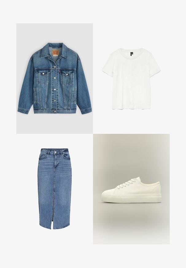 Blauwe spijkerjas met knoopsluiting aan de voorkant, twee borstzakken met knopen, zijzakken en een kraag, plat neergelegd op een lichte achtergrond.; Witte t-shirt met korte mouwen en een ronde hals, gemaakt van lichte stof. Eenvoudig ontwerp, gladde textuur en rechte zoom.; Lichtblauwe denim midi rok met een voorflap, vijf zakken, riemlussen en een knoopsluiting in de taille. Klassieke pasvorm en textuur.; Witte lage canvas sneaker met veters aan de voorkant en dikke, getextureerde rubberen zool op een neutrale achtergrond.