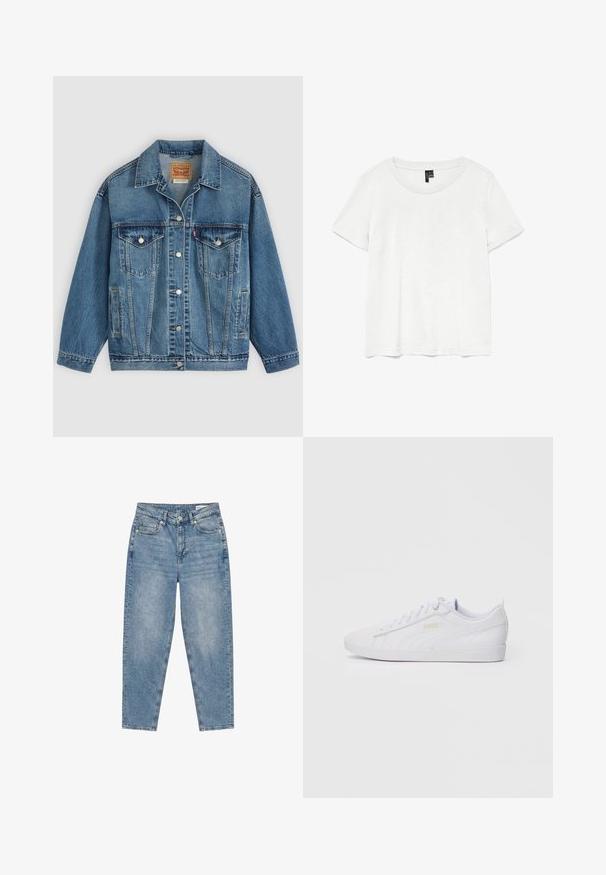 Veste en jean bleu avec fermeture à boutons à l'avant, deux poches poitrine avec boutons, poches latérales et col, posée à plat sur un fond clair.; T-shirt blanc à manches courtes avec un col rond, fabriqué en tissu léger. Design simple, texture lisse et ourlet droit.; Jean en denim bleu clair avec taille haute, fermeture bouton et fermeture éclair, poches à l’avant et à l’arrière, et coupe droite.; Baskets Puma basses blanches avec un laçage à l'avant, un branding subtil sur le côté et la semelle, et une tige en synthétique lisse pour une tenue décontractée.