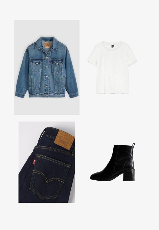 Blauwe spijkerjas met knoopsluiting aan de voorkant, twee borstzakken met knopen, zijzakken en een kraag, plat neergelegd op een lichte achtergrond.; Witte t-shirt met korte mouwen en een ronde hals, gemaakt van lichte stof. Eenvoudig ontwerp, gladde textuur en rechte zoom.; Donkerblauwe Levi's jeans met gele stiksels, achterzak toont rood Levi's label en bruin leren merkpatch op de tailleband.; Zwarte leren enkelboot met een spitse neus en een stevige, geribbelde hak. Voorzien van een aantrekstrip aan de achterkant voor gemakkelijk aan- en uittrekken. Glad textuur.