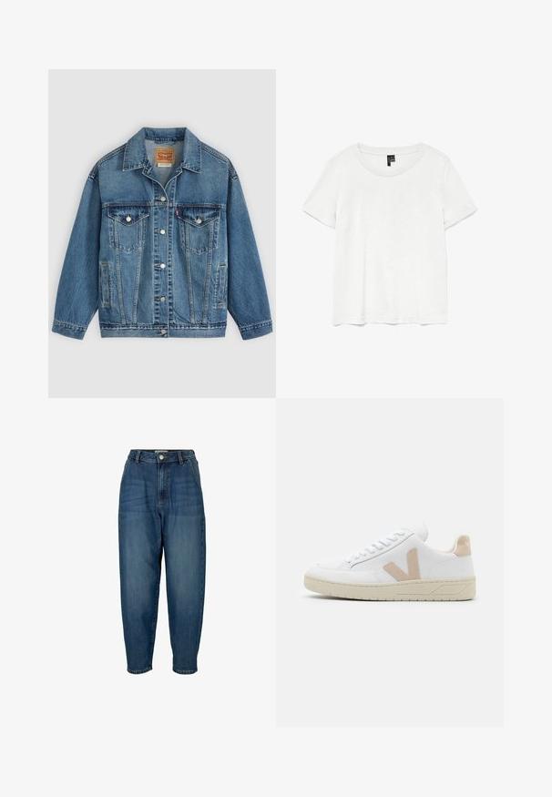 Chaqueta vaquera azul con botones en la parte delantera, dos bolsillos en el pecho con botones, bolsillos laterales y cuello, colocada plana sobre un fondo claro.; Camiseta blanca de manga corta con un cuello redondo, hecha de tejido ligero. Diseño simple, textura suave y dobladillo recto.; Vaqueros de mezclilla azul de cintura alta con un corte relajado, que presentan bolsillos frontales, cierre de cremallera y un leve desgaste en la tela.; Zapatilla blanca con acentos de ante beige, punta redonda y cordones blancos. Suela de goma texturizada y detalle del logo en el talón.