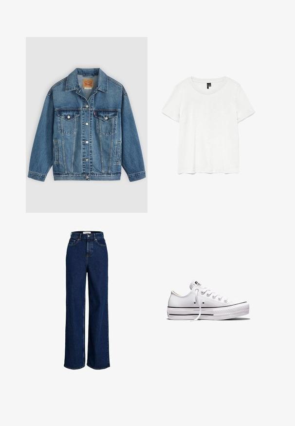 Veste en jean bleu avec fermeture à boutons à l'avant, deux poches poitrine avec boutons, poches latérales et col, posée à plat sur un fond clair.; T-shirt blanc à manches courtes avec un col rond, fabriqué en tissu léger. Design simple, texture lisse et ourlet droit.; Jean large taille haute bleu foncé avec poches avant, passants pour ceinture, fermeture par bouton et détails de coutures visibles.; Baskets basses en toile blanche avec lacets blancs, semelle en caoutchouc, détails à rayures noires, et écusson logo sur la languette et le talon.