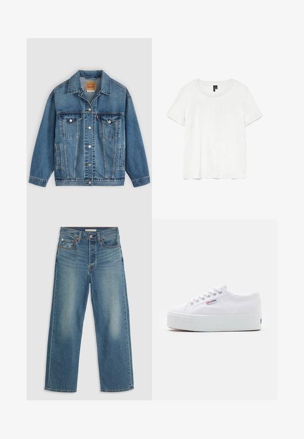 Blaue Denimjacke mit Knopfleiste vorne, zwei Brusttaschen mit Knöpfen, Seitentaschen und einem Kragen, flach auf einem hellen Hintergrund ausgelegt.; Weißes T-Shirt mit kurzen Ärmeln und rundem Ausschnitt, hergestellt aus leichtem Stoff. Schlichtes Design, glatte Textur und gerader Saum.; Hellblaue Denim-Jeans mit geradem Bein. Zu den Merkmalen gehören ein gestickter Bund, fünf Taschen und sichtbare Verfärbungen.; Weiße Leinenschuhe mit einer dicken weißen Plattformsohle, runder Zehenpartie und Metallösen für die Schnürsenkel. Markenlogo an der Seite angebracht.