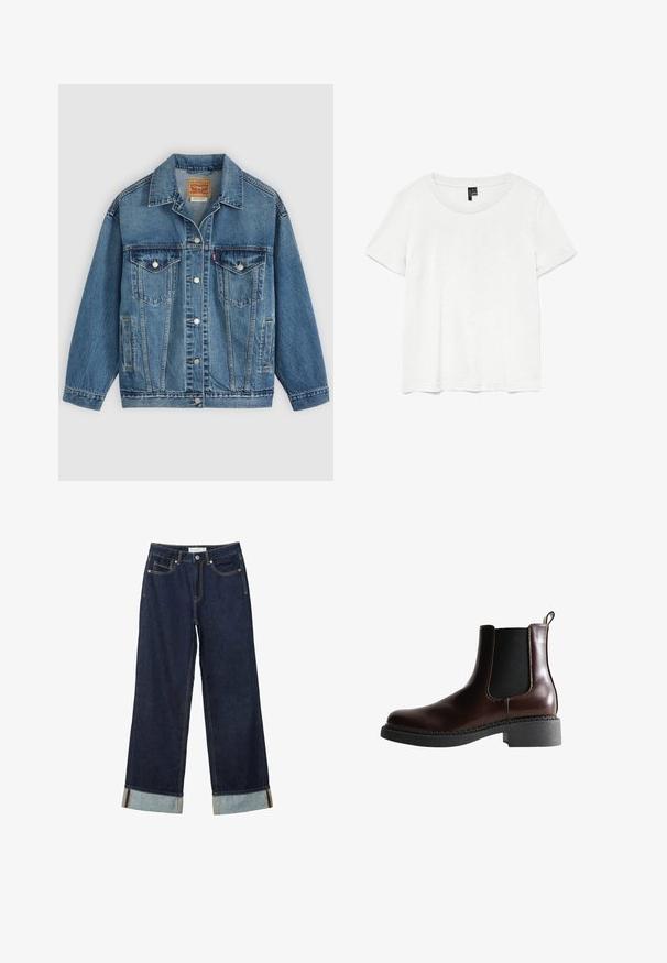 Blauwe spijkerjas met knoopsluiting aan de voorkant, twee borstzakken met knopen, zijzakken en een kraag, plat neergelegd op een lichte achtergrond.; Witte t-shirt met korte mouwen en een ronde hals, gemaakt van lichte stof. Eenvoudig ontwerp, gladde textuur en rechte zoom.; Donkerblauwe wijde jeans met een hoge taille, voorzien van omgeslagen manchetten, contrasterende stiksels en een vijf-pocket ontwerp. Gemaakt van denim stof.; Bruine leren enkelboot met elastische zijpanelen, ronde neus en een gestructureerde zwarte rubberen zool. Heeft contrasterende stiksels en een lusje aan de achterkant.