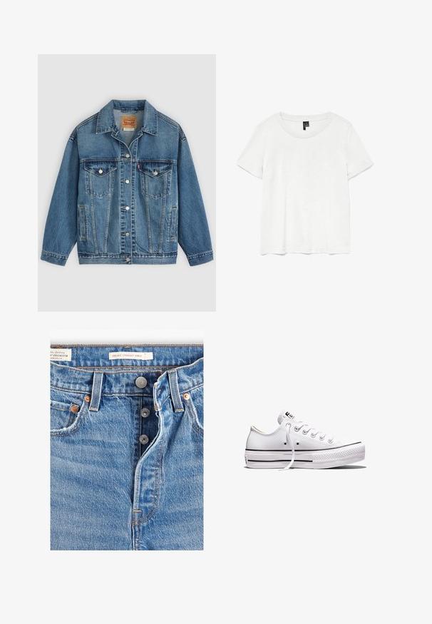 Veste en jean bleu avec fermeture à boutons à l'avant, deux poches poitrine avec boutons, poches latérales et col, posée à plat sur un fond clair.; T-shirt blanc à manches courtes avec un col rond, fabriqué en tissu léger. Design simple, texture lisse et ourlet droit.; Jeans en denim bleu clair avec une coupe droite à la cheville. Comprend cinq poches, deux boutons en métal et des coutures orange visibles. Étiquettes présentes.; Baskets basses en toile blanche avec lacets blancs, semelle en caoutchouc, détails à rayures noires, et écusson logo sur la languette et le talon.