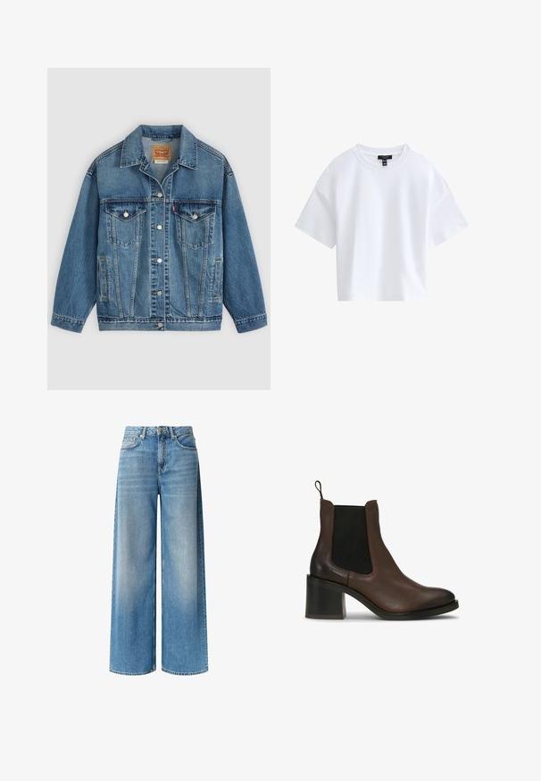 Blauwe spijkerjas met knoopsluiting aan de voorkant, twee borstzakken met knopen, zijzakken en een kraag, plat neergelegd op een lichte achtergrond.; Effen witte cropped T-shirt met korte mouwen, een ronde hals en een zwart merkembleem aan de binnenkant van de kraag.; Brede blauwe denim jeans hebben een lichte wassing, hoge taille, voorzakken en een subtiele vervagingseffect langs de benen. Afgewerkt met een knoopsluiting.; Bruine leren enkellaarsjes met elastische zijpanelen, een blokhak, een gladde textuur en een aantreklipje voor gemakkelijk aantrekken.