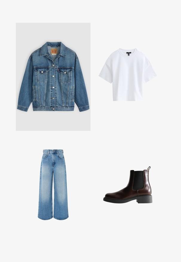 Blaue Denimjacke mit Knopfleiste vorne, zwei Brusttaschen mit Knöpfen, Seitentaschen und einem Kragen, flach auf einem hellen Hintergrund ausgelegt.; Schlichtes weißes kurzärmeliges Cropped-T-Shirt mit rundem Ausschnitt und schwarzem Markenlabel innen im Kragen.; Hellblaue, weit geschnittene Jeans aus Denim mit hoher Taille, Knopfverschluss und subtiler Ausbleichung sowie sauberen Saumkanten.; Braune Leder-Boots mit elastischen Seitenteilen, runder Spitze und einer strukturierten schwarzen Gummisohle. Verfügt über kontrastierende Nähte und eine Ziehlasche.