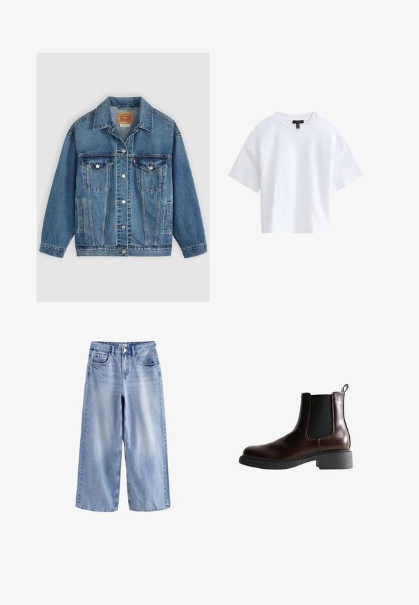 Blå denimjakke med knapper foran, to brystlommer med knapper, sidelommer og en krave, lagt fladt på en lys baggrund.; Simpel hvid kortærmet crop top med rund halsudskæring og sort mærke indeni kraven.; Lyseblå vidde jeans med frontknapper og lynlås, bæltestropper og fem-lomme design, lagt fladt på hvid baggrund.; Brune læder ankelstøvle med elastiske sidepaneler, rund tå og en struktureret sort gummisål. Har kontrasterende syninger og en trækflap.