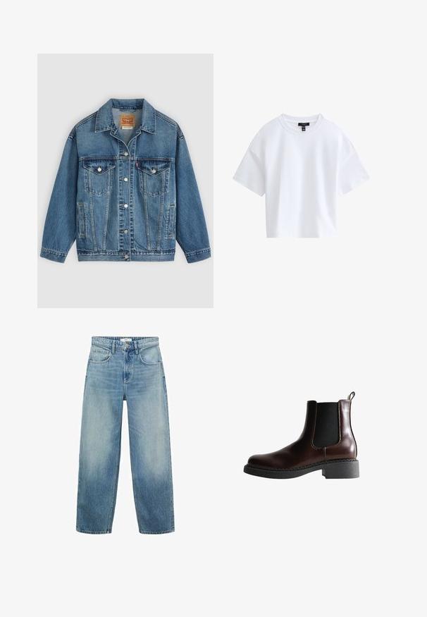 Blauwe spijkerjas met knoopsluiting aan de voorkant, twee borstzakken met knopen, zijzakken en een kraag, plat neergelegd op een lichte achtergrond.; Effen witte cropped T-shirt met korte mouwen, een ronde hals en een zwart merkembleem aan de binnenkant van de kraag.; Lichtblauwe denim wijde jeans met een hoge taille, vijf zakken en een knoopsluiting. Verbleekte patroon naar de onderkant.; Bruine leren enkelboot met elastische zijpanelen, ronde neus en een gestructureerde zwarte rubberen zool. Heeft contrasterende stiksels en een lusje aan de achterkant.