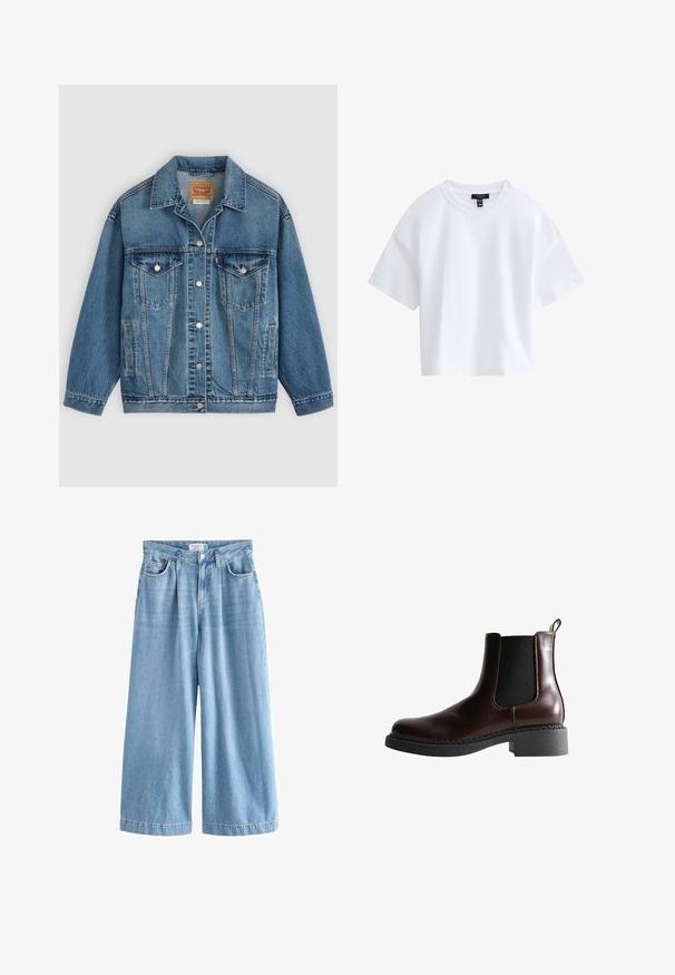Blå denimjakke med knapper foran, to brystlommer med knapper, sidelommer og en krave, lagt fladt på en lys baggrund.; Simpel hvid kortærmet crop top med rund halsudskæring og sort mærke indeni kraven.; Lyseblå denim palazzo jeans med brede ben, der har høj talje, frontlommer og knaplukning. Diskret falmet tekstur.; Brune læder ankelstøvle med elastiske sidepaneler, rund tå og en struktureret sort gummisål. Har kontrasterende syninger og en trækflap.