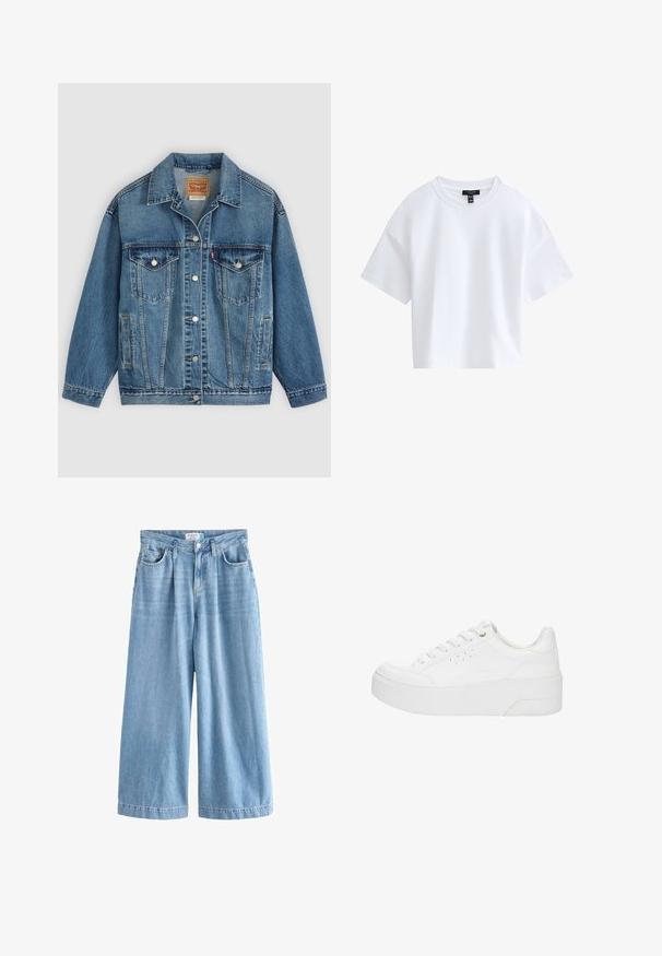 Blå denimjakke med knapper foran, to brystlommer med knapper, sidelommer og en krave, lagt fladt på en lys baggrund.; Simpel hvid kortærmet crop top med rund halsudskæring og sort mærke indeni kraven.; Lyseblå denim palazzo jeans med brede ben, der har høj talje, frontlommer og knaplukning. Diskret falmet tekstur.; Hvid platform-sneaker med snørelukning foran, perforerede detaljer på siden og tyk sål, vist fra ydersiden på en hvid baggrund.