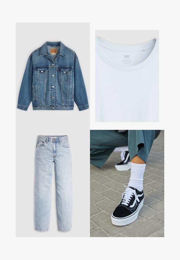 Blå denimjakke med knapper foran, to brystlommer med knapper, sidelommer og en krave, lagt fladt på en lys baggrund.; Hvid Levi's t-shirt krave, der viser syet ribbet rund halsudskæring og trykt mærkat med størrelse og produktionsdetaljer.; Lyseblå denimjeans med høj talje, afslappet pasform, lige ben og et klassisk design med fem lommer. Synlige falmede detaljer og syninger.; Sorte ruskinds sneakers med hvide accenter og snørebånd, der har en tyk hvid sål og kontrasterende syninger, parret med en hvid sok.