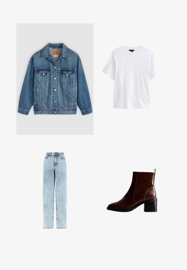 Veste en jean bleu avec fermeture à boutons à l'avant, deux poches poitrine avec boutons, poches latérales et col, posée à plat sur un fond clair.; T-shirt blanc uni à manches courtes et col rond avec une étiquette noire à l'intérieur du col sur fond blanc.; Jean taille haute en denim bleu clair délavé, coupe droite, bouton et fermeture éclair à l’avant, poches avant.; Bottine en cuir marron avec un bout carré et des coutures sur le côté, un talon empilé de 7,5 cm, et une languette au dos pour un enfilage facile.