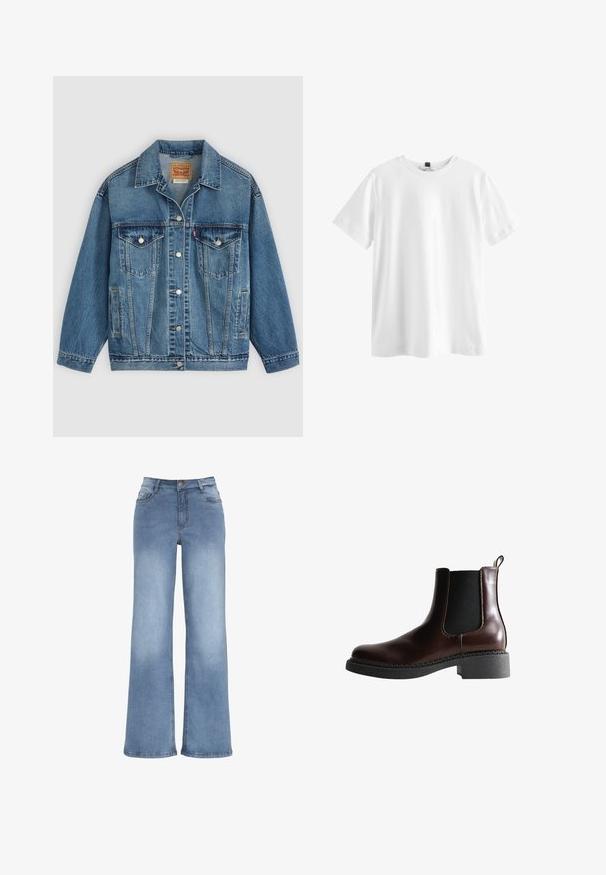 Blå denimjakke med knapper foran, to brystlommer med knapper, sidelommer og en krave, lagt fladt på en lys baggrund.; Simpel hvid kortærmet t-shirt med rund hals og sort mærke indeni kraven, vist fladt på en hvid baggrund.; Lyseblå vidde jeans lavet af denim. Har en knaplukning, fem lommer og syninger i kontrast. Glat overflade med en let falma.; Brune læder ankelstøvle med elastiske sidepaneler, rund tå og en struktureret sort gummisål. Har kontrasterende syninger og en trækflap.