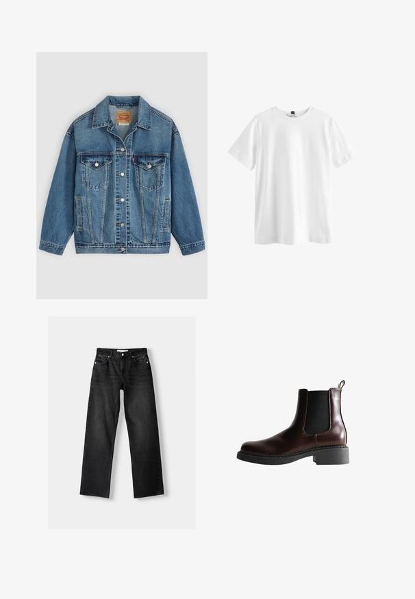 Blaue Denimjacke mit Knopfleiste vorne, zwei Brusttaschen mit Knöpfen, Seitentaschen und einem Kragen, flach auf einem hellen Hintergrund ausgelegt.; Schlichtes weißes T-Shirt mit kurzen Ärmeln und Rundhalsausschnitt mit einem schwarzen Etikett innen am Kragen, flach auf weißem Hintergrund dargestellt.; Bershka Jeans Straight Leg - mottled dark grey; Braune Leder-Boots mit elastischen Seitenteilen, runder Spitze und einer strukturierten schwarzen Gummisohle. Verfügt über kontrastierende Nähte und eine Ziehlasche.