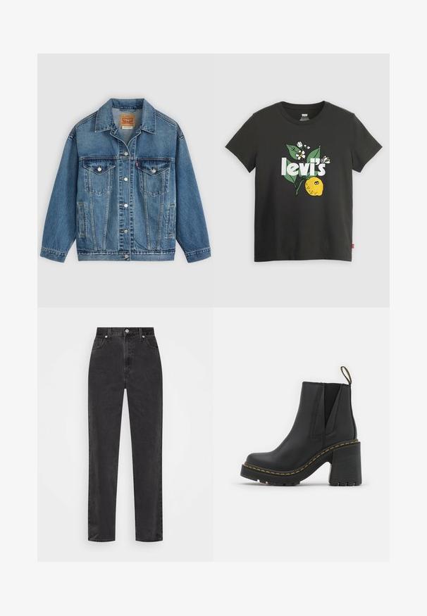 Blaue Denimjacke mit Knopfleiste vorne, zwei Brusttaschen mit Knöpfen, Seitentaschen und einem Kragen, flach auf einem hellen Hintergrund ausgelegt.; Schwarzes Baumwoll-T-Shirt mit einem Zitronen-Motiv, weißem Text "levi's" und floralen Akzenten in Grün und Weiß. Kurze Ärmel, Rundhalsausschnitt.; Schwarze Denim-Jeans mit geradem Bein, hoher Taille, vorderem Knopf und Reißverschluss sowie fünf Taschen auf weißem Hintergrund.; Schwarze Leder-Stiefeletten mit blockigem Absatz. Mit elastischen Seitenpaneelen und gelben Nähten entlang der Sohle. Texturierte Gummisohle.