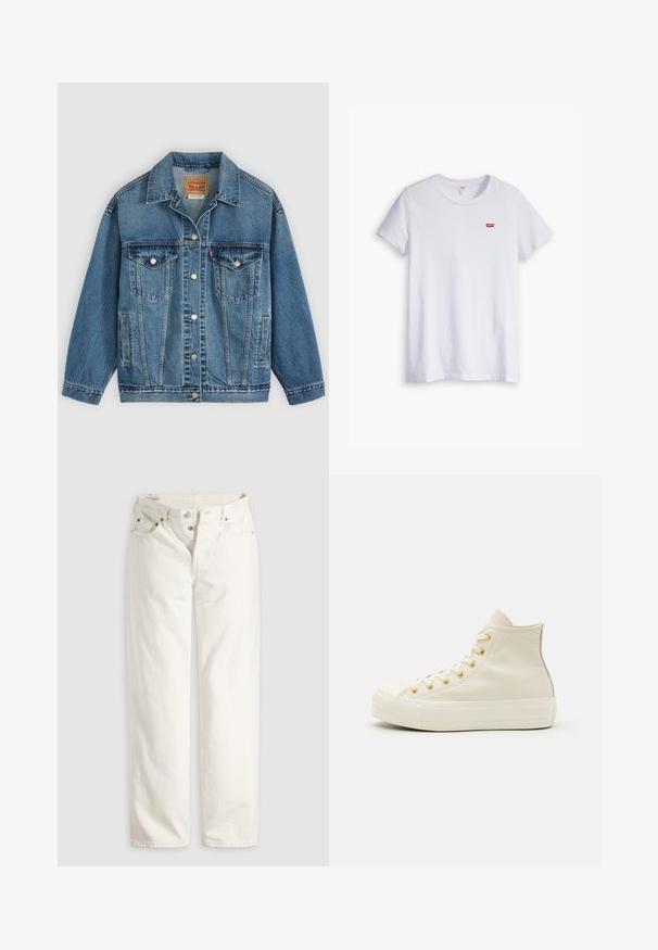 Blå denimjakke med knapper foran, to brystlommer med knapper, sidelommer og en krave, lagt fladt på en lys baggrund.; Hvid bomulds t-shirt med korte ærmer og rund halsudskæring. Har et lille rødt Levi's-logo på venstre brystområde.; Hvide jeans med høj talje, lige ben, knaplukning, lommer foran og bagpå samt synlige kobbernitter i lommekanterne.; Høje sneakers lavet af cremet læder med guldøjer og en struktureret overflade. Har en gummisål og en afrundet tå.