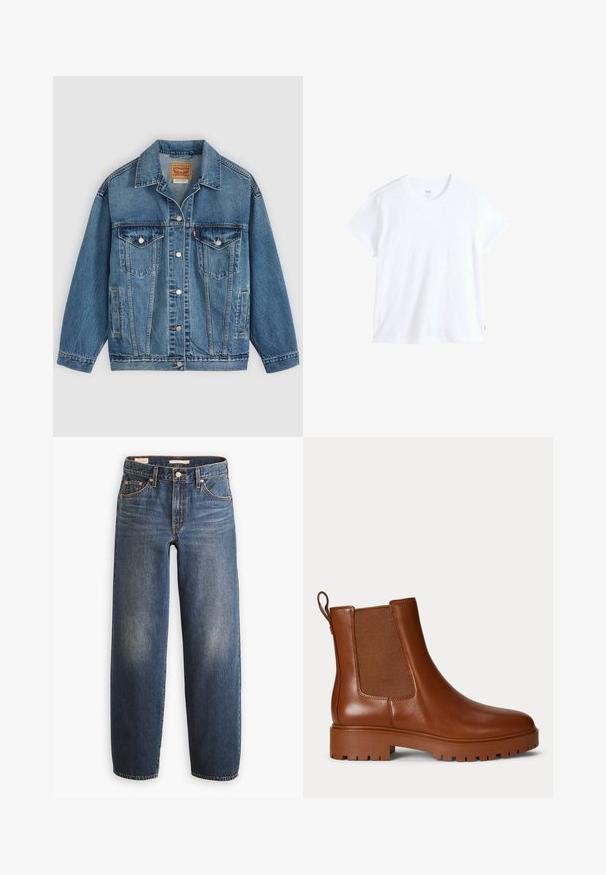 Blauwe spijkerjas met knoopsluiting aan de voorkant, twee borstzakken met knopen, zijzakken en een kraag, plat neergelegd op een lichte achtergrond.; Wit katoenen t-shirt met korte mouwen, ronde hals en rechte zoom. Heeft een klein rood logotag aan de linkeronderzijde.; Donkerblauwe spijkerbroeken met een rechte pijp, voorzien van vijf zakken, koperen klinknagels en subtiele vervaging op de dijen.; Bruine leren Chelsea-laars met elastisch zijpaneel, treklipje bij de hiel en dikke profielzool.