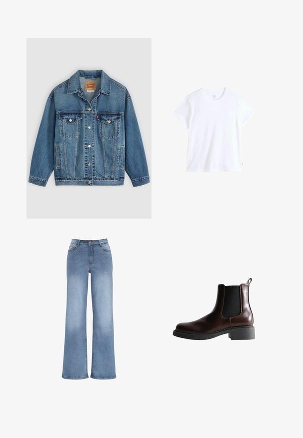 Blaue Denimjacke mit Knopfleiste vorne, zwei Brusttaschen mit Knöpfen, Seitentaschen und einem Kragen, flach auf einem hellen Hintergrund ausgelegt.; Weißes Baumwoll-T-Shirt mit kurzen Ärmeln, rundem Ausschnitt und geradem Saum. Mit kleinem rotem Logostreifen an der unteren linken Seite.; Hellblaue weit geschnittene Jeans aus Denim. Verfügt über einen Knopfverschluss, fünf Taschen und Akzente durch Sticherei. Glatte Textur mit leichter Ausbleichung.; Braune Leder-Boots mit elastischen Seitenteilen, runder Spitze und einer strukturierten schwarzen Gummisohle. Verfügt über kontrastierende Nähte und eine Ziehlasche.