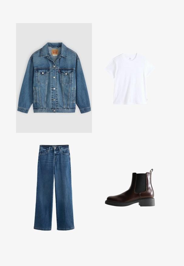 Chaqueta vaquera azul con botones en la parte delantera, dos bolsillos en el pecho con botones, bolsillos laterales y cuello, colocada plana sobre un fondo claro.; Camiseta blanca de algodón con mangas cortas, escote redondo y bajo recto. Presenta una pequeña etiqueta con logo rojo en el lado inferior izquierdo.; Jeans anchos de mezclilla azul, con cintura alta, cinco bolsillos, sutil desgastado, cierre de botón y costuras contrastadas.; Botín de cuero marrón con paneles laterales elásticos, puntera redonda y suela de goma negra texturizada. Presenta costuras en contraste y una pestaña para facilitar el calce.