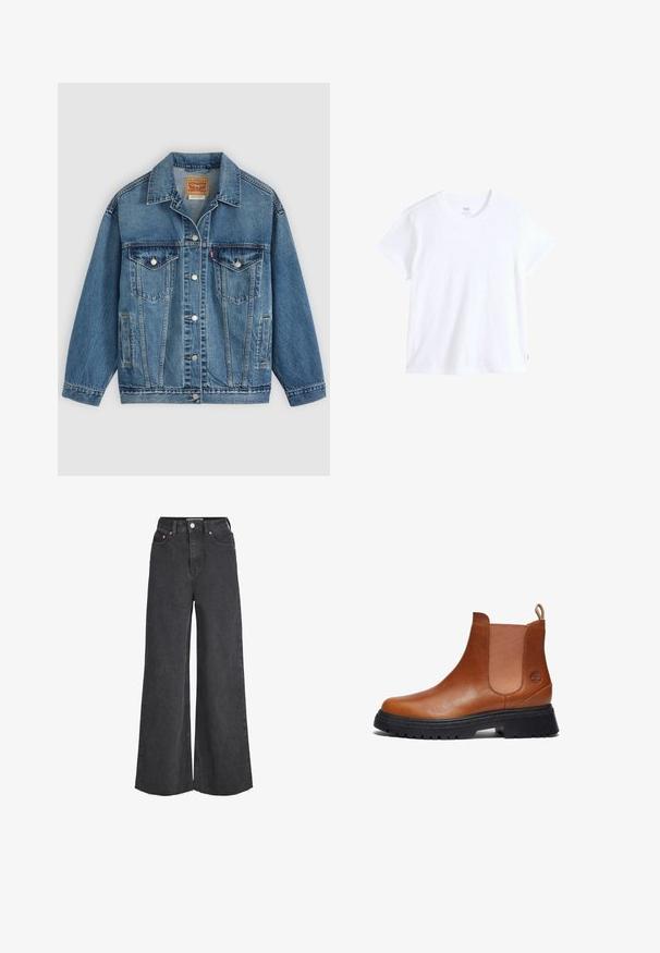 Blauwe spijkerjas met knoopsluiting aan de voorkant, twee borstzakken met knopen, zijzakken en een kraag, plat neergelegd op een lichte achtergrond.; Wit katoenen t-shirt met korte mouwen, ronde hals en rechte zoom. Heeft een klein rood logotag aan de linkeronderzijde.; Zwarte high-waist jeans met wijde pijpen, sluiting aan de voorkant met knopen en rits, voorzakken en rafelige zoom.; Timberland MID CHELSEA - Enkellaarsjes met plateauzool - rust copper