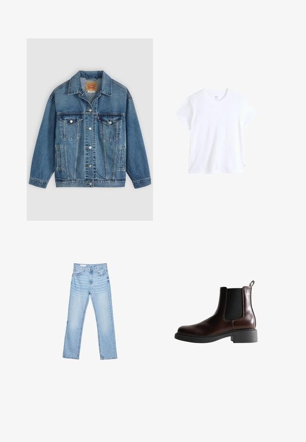Blå denimjakke med knapper foran, to brystlommer med knapper, sidelommer og en krave, lagt fladt på en lys baggrund.; Hvid bomuld t-shirt med korte ærmer, rund halsudskæring og lige kant. Har en lille rød logoetiket på nederste venstre side.; Lyseblå denimjeans med lige pasform, fem-lomme-design og synlig syning. Mellem-høj talje med klassisk knap- og lynlåslukning.; Brune læder ankelstøvle med elastiske sidepaneler, rund tå og en struktureret sort gummisål. Har kontrasterende syninger og en trækflap.