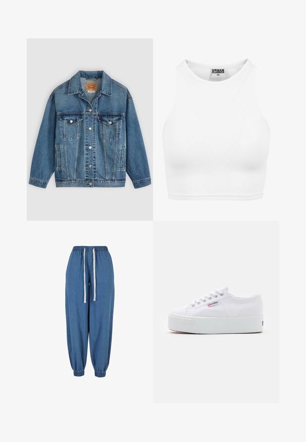 Blauwe spijkerjas met knoopsluiting aan de voorkant, twee borstzakken met knopen, zijzakken en een kraag, plat neergelegd op een lichte achtergrond.; Witte geribde cropped tanktop met hoge halslijn en "Urban Classics XS" label aan de binnenkant van de kraag.; Blauwe denim joggerbroek met elastische tailleband en boorden, met witte aantrekkoorden in de taille.; Witte canvas sneaker met een dikke witte platformzool, ronde neus en metalen oogjes voor veters. Merkl logo aan de zijkant weergegeven.