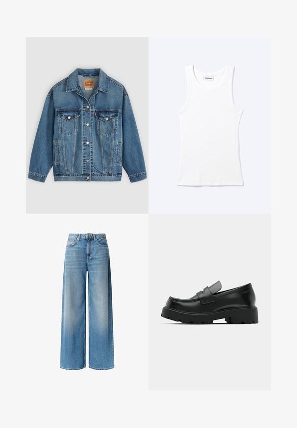 Chaqueta vaquera azul con botones en la parte delantera, dos bolsillos en el pecho con botones, bolsillos laterales y cuello, colocada plana sobre un fondo claro.; Camiseta sin mangas blanca con textura de canalé, cuello redondo y una pequeña etiqueta que dice "WEEKDAY" en el interior del cuello.; Jeans de mezclilla azul de pierna ancha con un lavado claro, cintura alta, bolsillos delanteros y un sutil efecto de desvanecimiento a lo largo de las piernas. Terminados con un cierre de botón.; Mocasines de cuero negro con suela gruesa y texturizada, que presentan una correa sobre el empeine y un acabado suave y pulido.