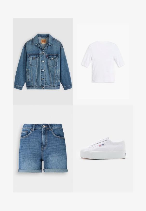 Veste en jean bleu avec fermeture à boutons à l'avant, deux poches poitrine avec boutons, poches latérales et col, posée à plat sur un fond clair.; T-shirt en coton blanc avec des manches courtes, un col rond et une texture lisse. Aucun motif ou embellissement visible.; Short en jean bleu avec ourlets roulés, fermeture devant par bouton et fermeture éclair, passants de ceinture, poches avant et poche monnaie.; Baskets en toile blanches avec une épaisse semelle plateforme blanche, bout rond et œillets en métal pour les lacets. Logo de la marque affiché sur le côté.