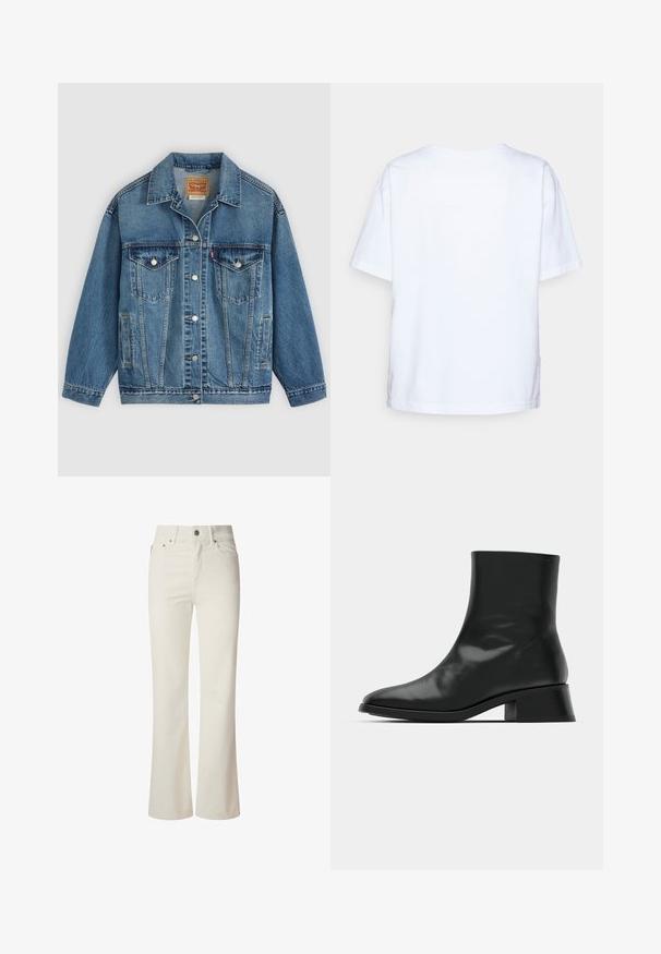 Blå denimjakke med knapper foran, to brystlommer med knapper, sidelommer og en krave, lagt fladt på en lys baggrund.; Enkelt hvid kortærmet bomulds t-shirt vist bagfra mod en lys grå baggrund.; Hvide flagrende jeans lavet af denim. Har en høj talje, fem lommer og metallisk knaplukning. Glat tekstur uden synlige mønstre.; Sort ankelstøvle lavet af blank læder, med et strømlinet design, spids tå og en moderat blokhælhøjde for stabilitet.