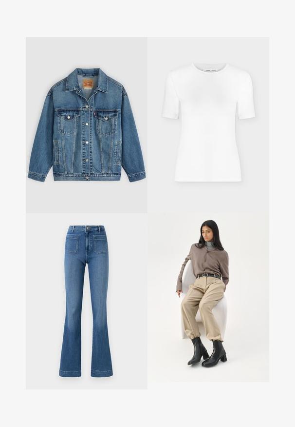 Veste en jean bleu avec fermeture à boutons à l'avant, deux poches poitrine avec boutons, poches latérales et col, posée à plat sur un fond clair.; T-shirt blanc à manches courtes avec col rond, coupe slim et texture de tissu côtelé, présenté sur un fond uni gris clair.; Jean évasé en denim de couleur bleue avec une taille mi-haute, comportant deux poches arrière et un ourlet net. Texture lisse et design classique.; Femme aux longs cheveux noirs appuyée sur une chaise blanche courbée, portant un chemisier taupe, un pantalon beige, une ceinture noire et des bottines noires à talons.