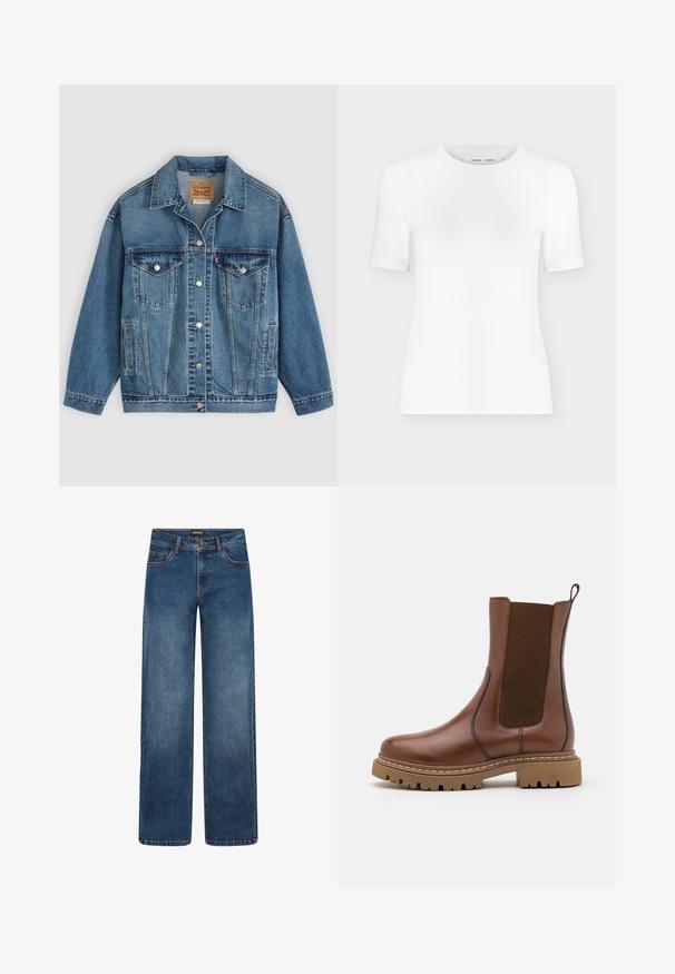 Veste en jean bleu avec fermeture à boutons à l'avant, deux poches poitrine avec boutons, poches latérales et col, posée à plat sur un fond clair.; T-shirt blanc à manches courtes avec col rond, coupe slim et texture de tissu côtelé, présenté sur un fond uni gris clair.; Jean en denim à jambes larges, de couleur bleu moyen. Comprend cinq poches, fermeture par bouton et fermeture éclair, et coutures doubles. Tissu durable.; Bottine en cuir marron avec des panneaux élastiques et une languette de tirage. Elle possède une semelle en caoutchouc épaisse et des détails de couture visibles le long des bords.