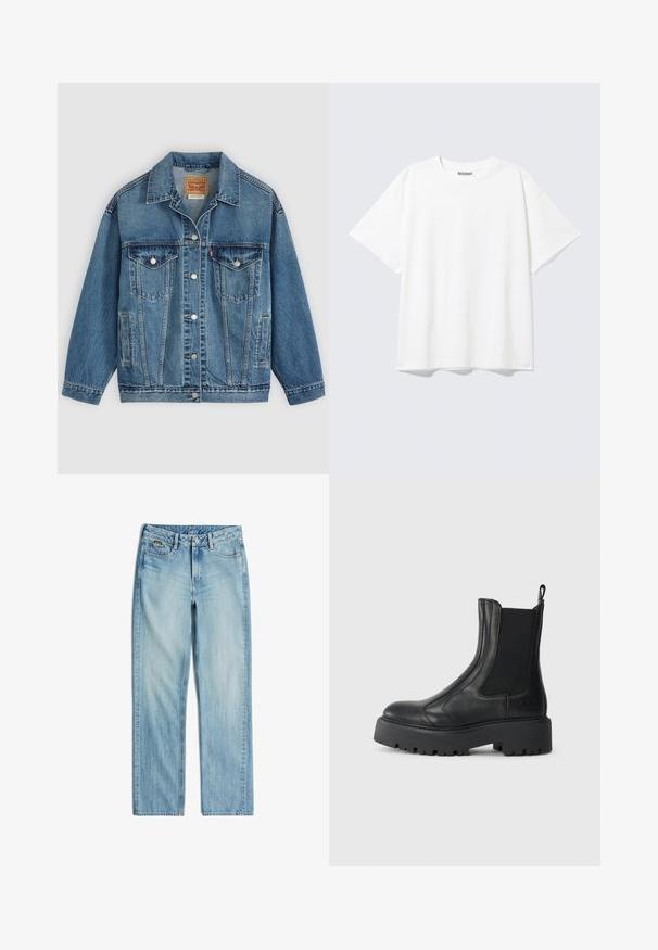 Blaue Denimjacke mit Knopfleiste vorne, zwei Brusttaschen mit Knöpfen, Seitentaschen und einem Kragen, flach auf einem hellen Hintergrund ausgelegt.; Weißes T-Shirt mit kurzen Ärmeln, Rundhalsausschnitt und entspanntem Schnitt mit einem "WEEKDAY" Etikett an der Innenseite des hinteren Halsbereichs.; Hellblaue Jeans aus Denim mit geraden Beinen, vorne mit Knopf und Reißverschluss, Gürtelschlaufen sowie Vorder- und Hintertaschen.; Schwarze Lederknöchelstiefel mit elastischen seitlichen Einsätzen, einer abgerundeten Spitze und einer grob strukturierten Gummisohle. Mit einem Ziehschlaufen an der Rückseite.