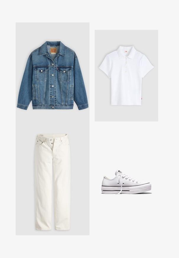 Blaue Denimjacke mit Knopfleiste vorne, zwei Brusttaschen mit Knöpfen, Seitentaschen und einem Kragen, flach auf einem hellen Hintergrund ausgelegt.; Weißes kurzärmliges, geripptes Poloshirt mit Kragen und vier Knöpfen, flach auf einem hellgrauen Hintergrund liegend.; Weiße, hoch taillierte Jeans mit geradem Bein, Knopfleiste, Vorder- und Gesäßtaschen sowie sichtbaren Kupfernieten an den Taschenecken.; Weißer Sneaker aus Segeltuch mit niedrigem Schnitt, weißen Schnürsenkeln, Gummisohle, schwarzen Streifendetails und Logopatch auf der Zunge und Ferse.