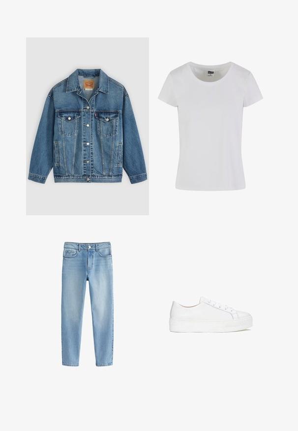 Blauwe spijkerjas met knoopsluiting aan de voorkant, twee borstzakken met knopen, zijzakken en een kraag, plat neergelegd op een lichte achtergrond.; Witte, korte mouwen t-shirt gemaakt van katoen. Heeft een ronde hals en een slim-fit vorm. Etiket zegt "URBAN CLASSICS."; Lichtblauwe katoenen denim jeans met een rechte pijpdesign, voorzien van vijf zakken en een knoopsluiting bij de taille.; Witte leren sneaker met een glad oppervlak, ronde neus en platte zool. Voorzien van vetersluiting en subtiele stiksels.