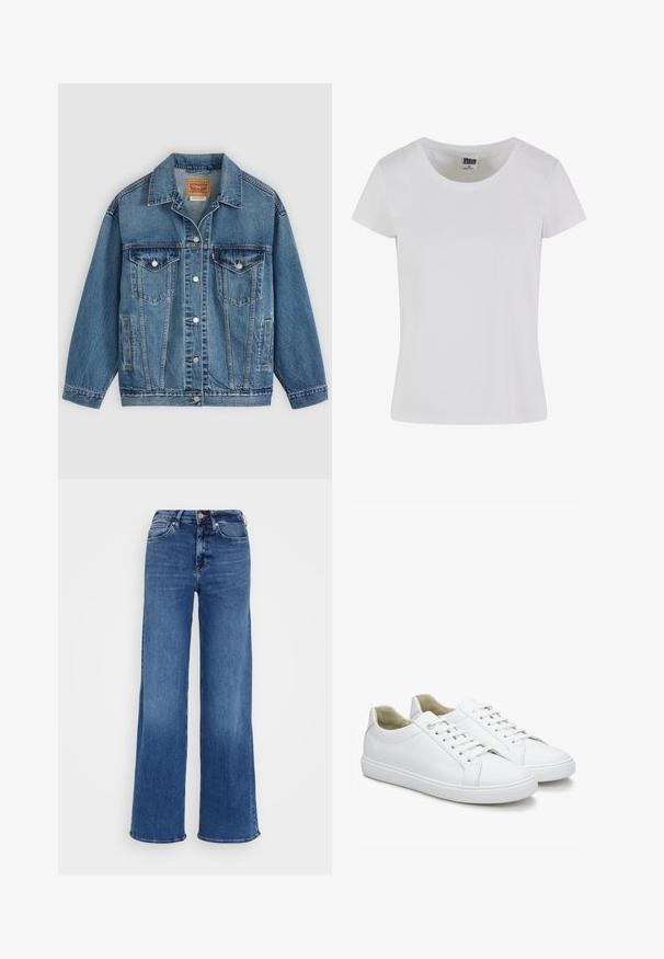 Veste en jean bleu avec fermeture à boutons à l'avant, deux poches poitrine avec boutons, poches latérales et col, posée à plat sur un fond clair.; T-shirt blanc à manches courtes en coton. Il présente une encolure arrondie et une coupe cintrée. L'étiquette indique "URBAN CLASSICS".; Jean bleu à jambes larges en denim, avec une taille haute, cinq poches et une fermeture à boutons. Délavage subtil et détails de couture visibles.; Baskets blanches en cuir avec une texture lisse, bout rond et semelles en caoutchouc plates. Présentent des lacets et un design minimaliste sans motifs.
