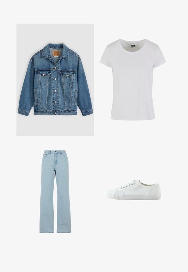 Blaue Denimjacke mit Knopfleiste vorne, zwei Brusttaschen mit Knöpfen, Seitentaschen und einem Kragen, flach auf einem hellen Hintergrund ausgelegt.; Weißes T-Shirt mit kurzen Ärmeln aus Baumwolle. Mit einem runden Ausschnitt und einer taillierten Form. Das Etikett trägt die Aufschrift "URBAN CLASSICS."; Helle blaue Schlagjeans aus Denim, mit hoher Taille, Fronttaschen und einer dezenten Waschstruktur. Standardknopf- und Reißverschluss.; Weißer Canvas-Sneaker mit niedrigem Schaft, Schnürung vorne, Gummisohle und strukturiertem Zehenkappen, gezeigt von der Außenseite vor weißem Hintergrund.