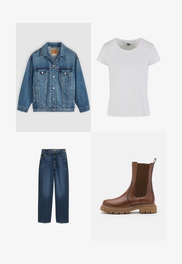 Blauwe spijkerjas met knoopsluiting aan de voorkant, twee borstzakken met knopen, zijzakken en een kraag, plat neergelegd op een lichte achtergrond.; Witte, korte mouwen t-shirt gemaakt van katoen. Heeft een ronde hals en een slim-fit vorm. Etiket zegt "URBAN CLASSICS."; Donkerblauwe wijde jeans met een hoge taille, voorzakken en een klassieke denimtextuur. Afgewerkt met subtiele stiksels en rechte broekspijpen.; Bruine leren enkelboot met elastische panelen en een trekomed. Kenmerkt zich door een robuuste rubberen zool en zichtbare stiksels langs de randen.