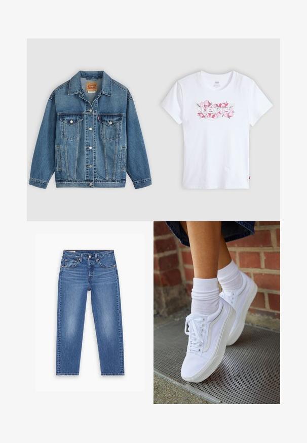 Veste en jean bleu avec fermeture à boutons à l'avant, deux poches poitrine avec boutons, poches latérales et col, posée à plat sur un fond clair.; T-shirt en coton blanc avec un logo floral "Levi's" en rose, manches courtes et col rond. Texture lisse, coupe basique.; Jean droit taille haute bleu avec bouton avant, fermeture éclair et design à cinq poches, présenté à plat sur un fond blanc.; Baskets en toile blanches avec semelles en caoutchouc, dotées de six œillets, d'un bout rond et de détails de couture légers, portées avec des chaussettes blanches mi-mollet.