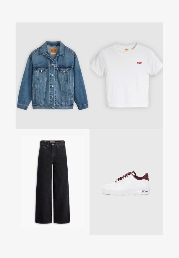 Blauwe spijkerjas met knoopsluiting aan de voorkant, twee borstzakken met knopen, zijzakken en een kraag, plat neergelegd op een lichte achtergrond.; Witte T-shirt met korte mouwen en ronde hals met klein rood Levi's-logo op de linkerborst.; Zwarte brede jeans gemaakt van denim, met vijf zakken, koperen klinknagels en een klassieke knoopsluiting. Glad van textuur met een strakke uitstraling.; Witte leren sneakers met donkerrode accenten, voorzien van ronde veters, een gevoerde kraag en een gestructureerde rubberen zool. "AIR" gedrukt op de zijkant.